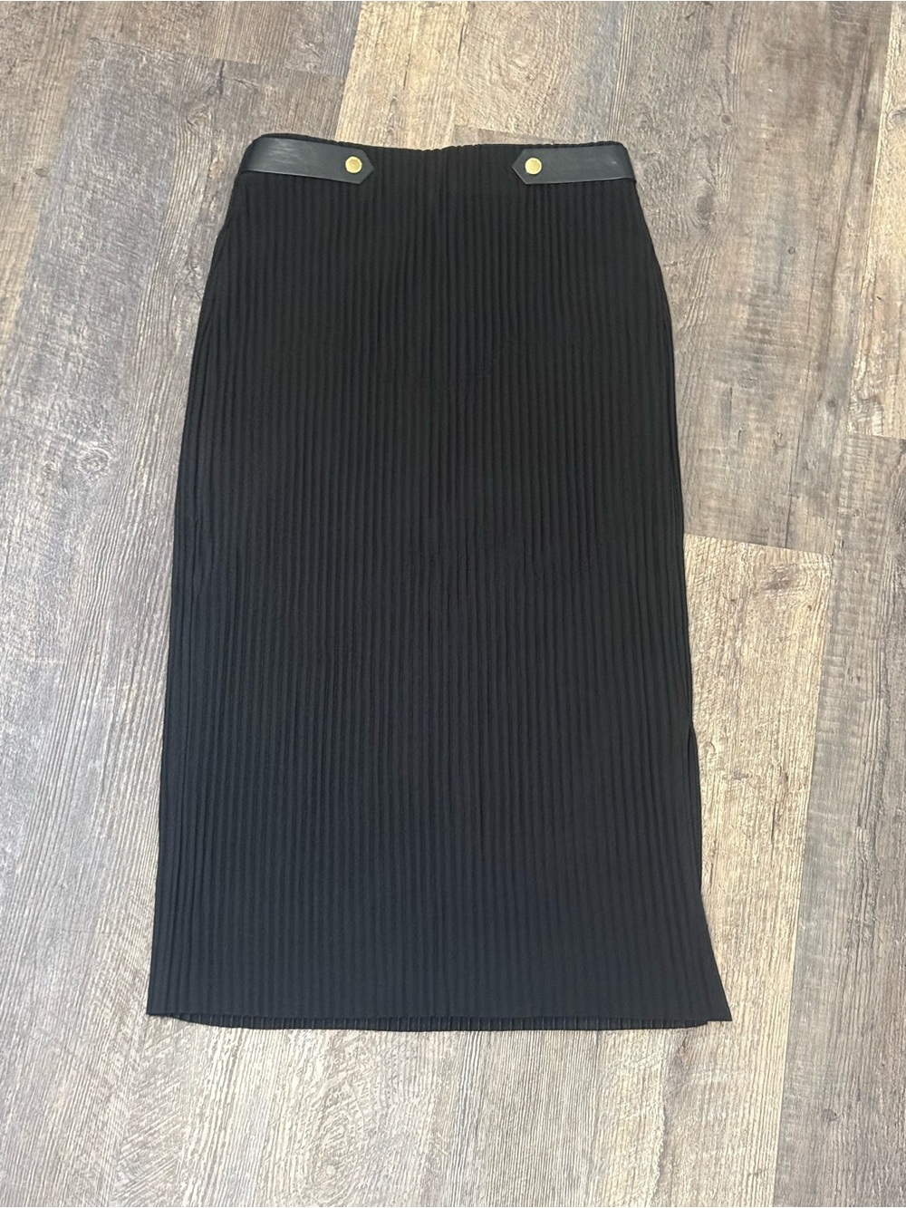 Black Ribbed Midi Skirt with Gold Button Accents - Women